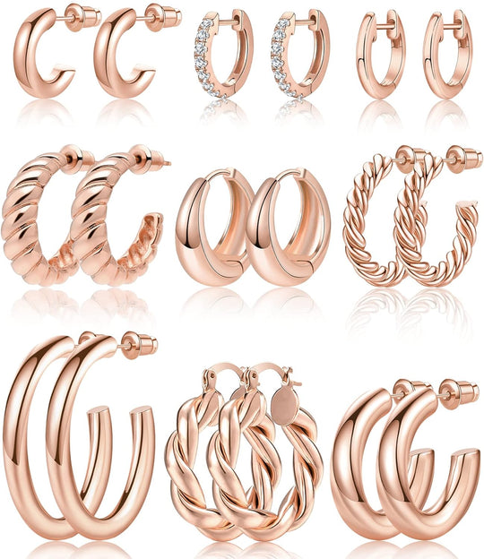 Adoyi 9 Pairs Gold Hoop Earrings Set for Womens Twisted Huggie Hoops Earrings 14K 18K Gold Plated for Girls Valentines Mother's Day Birthday Gifts Lightweight