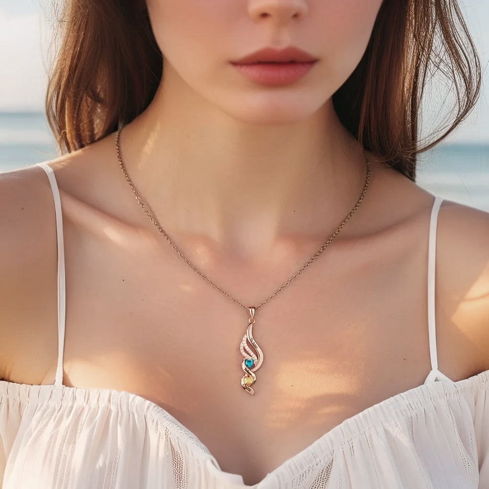 Personalized Wings & Heart Birthstone Necklace