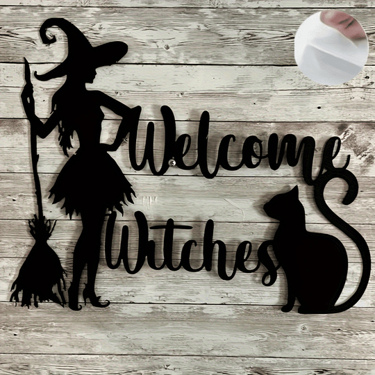 Acrylic Witch and Cat Halloween Welcome Sign – Classic No-Power Door Decor