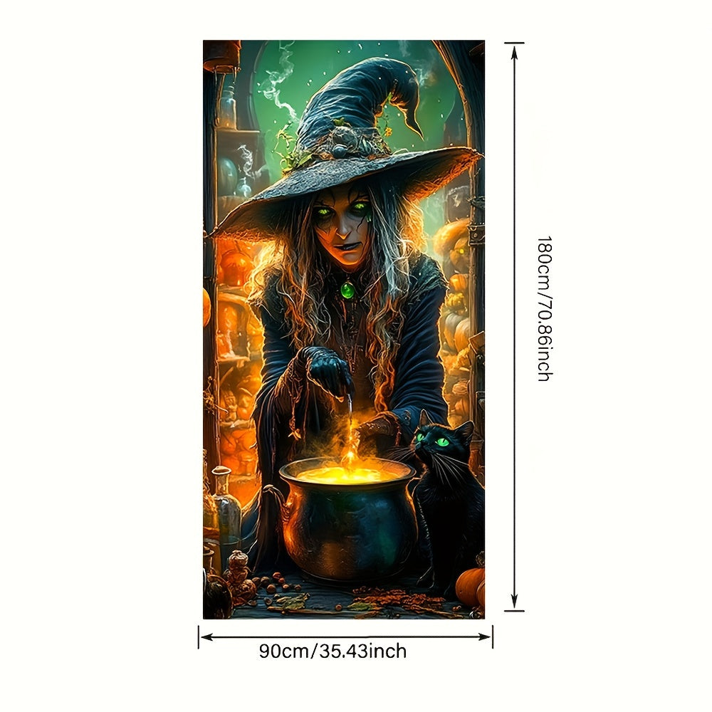 Halloween Witch and Cat Door Cover - Durable Vinyl Indoor Decor Backdrop