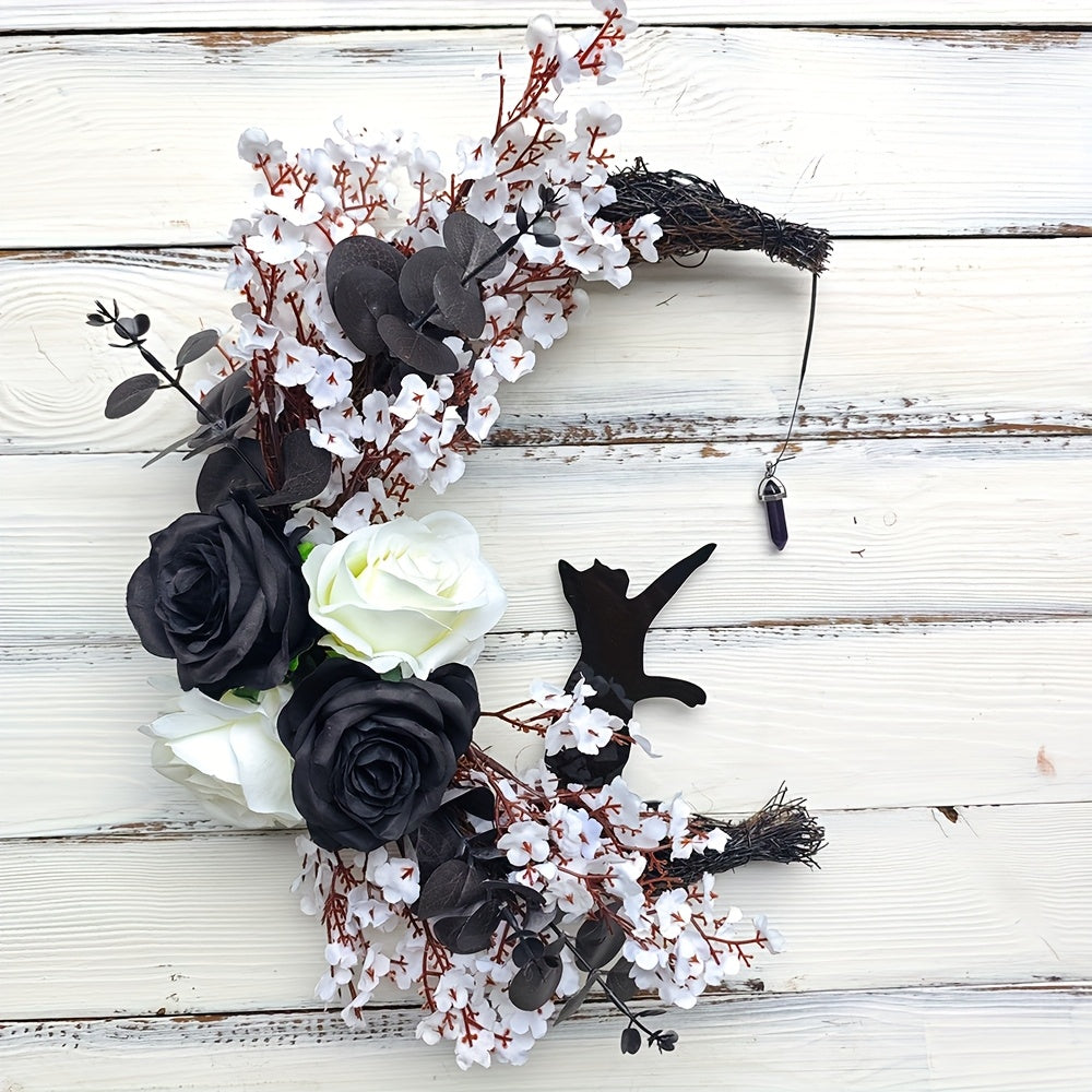 Halloween Cat and Moon Door Wreath with Real Floral Accents, Outdoor Durable