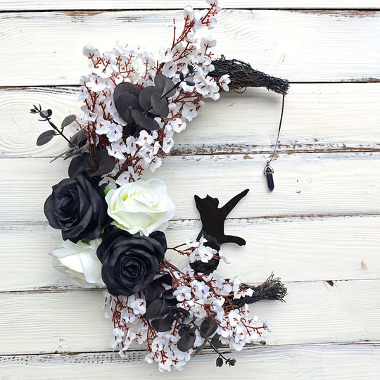 Halloween Cat and Moon Door Wreath with Real Floral Accents, Outdoor Durable