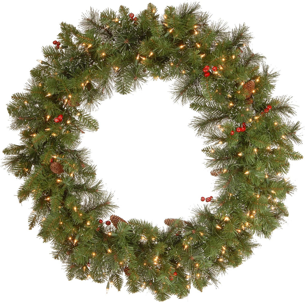 24 in Pre-Lit Crestwood Spruce Artificial Christmas Wreath, Christmas Decoration with Glitter, Pinecones, Red Berries, 50 Clear LED Lights, 160 Tips, Timer, Green