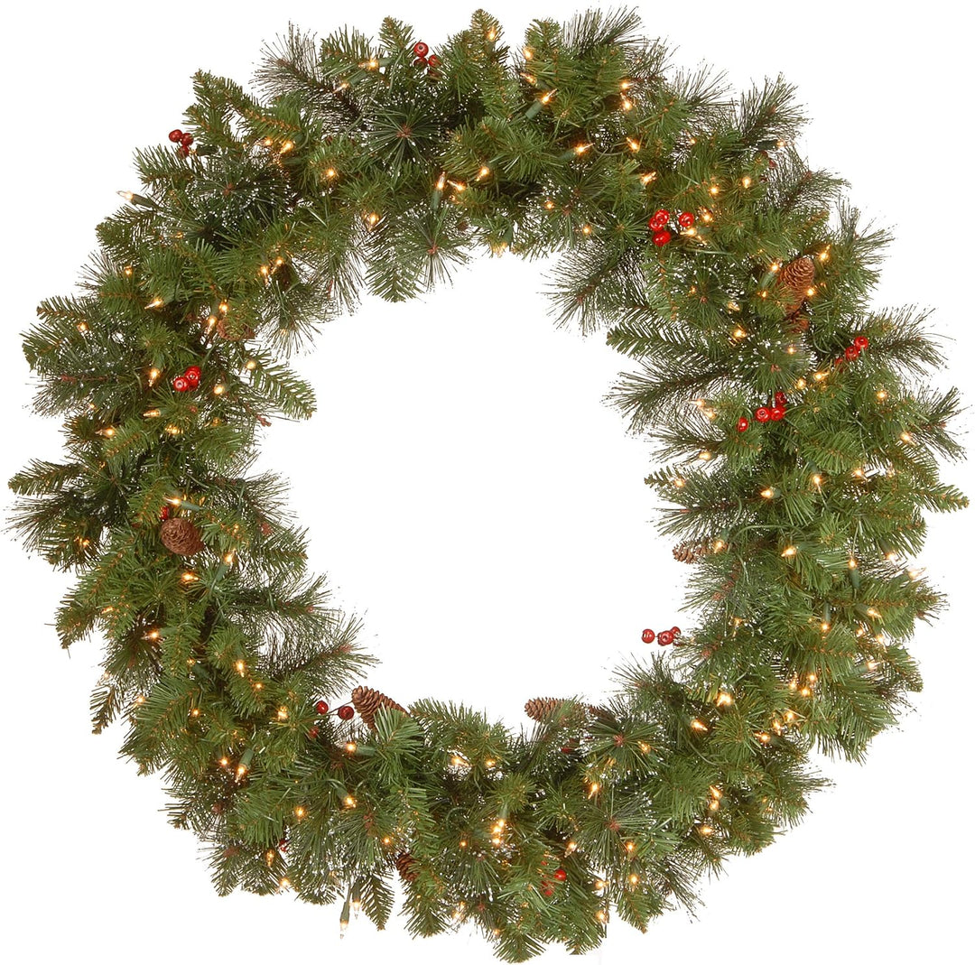 24 in Pre-Lit Crestwood Spruce Artificial Christmas Wreath, Christmas Decoration with Glitter, Pinecones, Red Berries, 50 Clear LED Lights, 160 Tips, Timer, Green