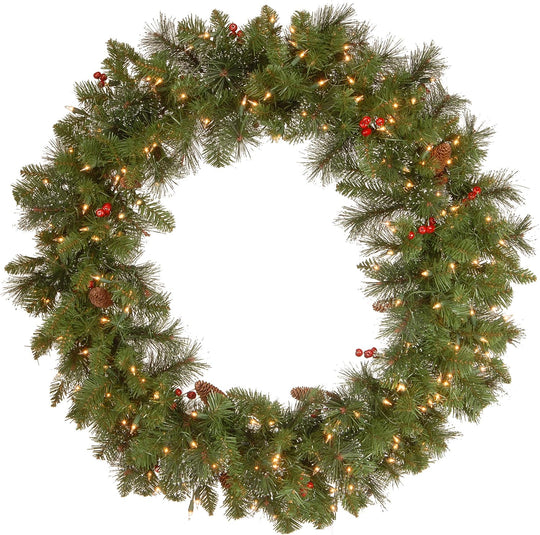 24 in Pre-Lit Crestwood Spruce Artificial Christmas Wreath, Christmas Decoration with Glitter, Pinecones, Red Berries, 50 Clear LED Lights, 160 Tips, Timer, Green
