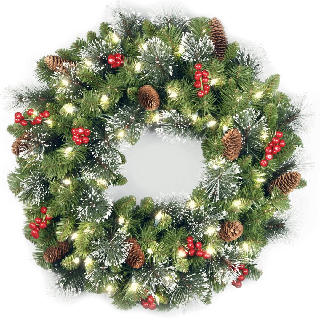 24 in Pre-Lit Crestwood Spruce Artificial Christmas Wreath, Christmas Decoration with Glitter, Pinecones, Red Berries, 50 Clear LED Lights, 160 Tips, Timer, Green