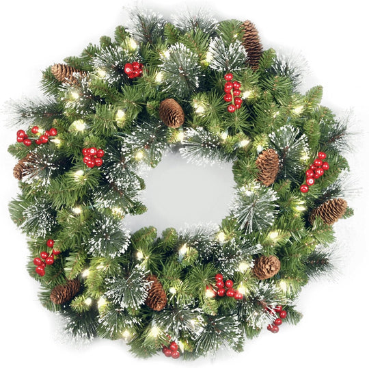 24 in Pre-Lit Crestwood Spruce Artificial Christmas Wreath, Christmas Decoration with Glitter, Pinecones, Red Berries, 50 Clear LED Lights, 160 Tips, Timer, Green