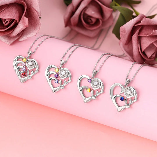 Mother's Day Gift Personalized Rose Heart Necklace with Birthstones and Names