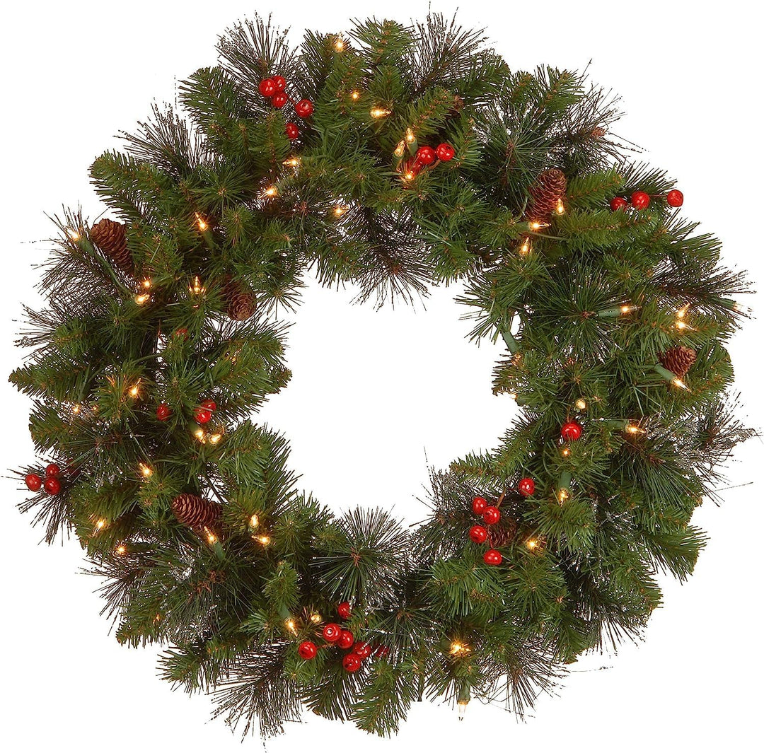 24 in Pre-Lit Crestwood Spruce Artificial Christmas Wreath, Christmas Decoration with Glitter, Pinecones, Red Berries, 50 Clear LED Lights, 160 Tips, Timer, Green