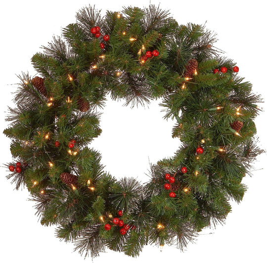 24 in Pre-Lit Crestwood Spruce Artificial Christmas Wreath, Christmas Decoration with Glitter, Pinecones, Red Berries, 50 Clear LED Lights, 160 Tips, Timer, Green