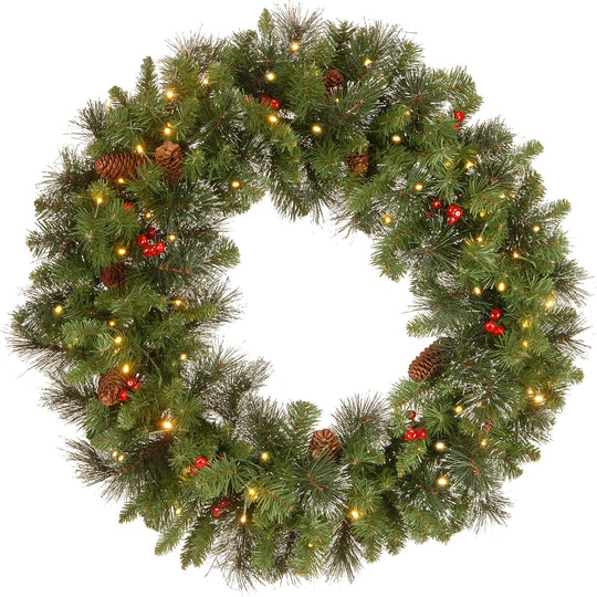 24 in Pre-Lit Crestwood Spruce Artificial Christmas Wreath, Christmas Decoration with Glitter, Pinecones, Red Berries, 50 Clear LED Lights, 160 Tips, Timer, Green