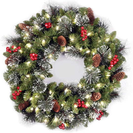 24 in Pre-Lit Crestwood Spruce Artificial Christmas Wreath, Christmas Decoration with Glitter, Pinecones, Red Berries, 50 Clear LED Lights, 160 Tips, Timer, Green