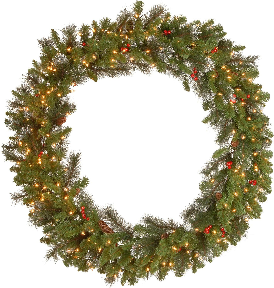 24 in Pre-Lit Crestwood Spruce Artificial Christmas Wreath, Christmas Decoration with Glitter, Pinecones, Red Berries, 50 Clear LED Lights, 160 Tips, Timer, Green