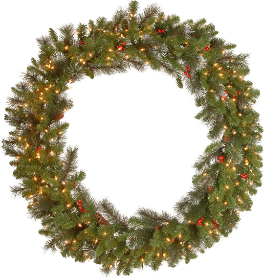 24 in Pre-Lit Crestwood Spruce Artificial Christmas Wreath, Christmas Decoration with Glitter, Pinecones, Red Berries, 50 Clear LED Lights, 160 Tips, Timer, Green