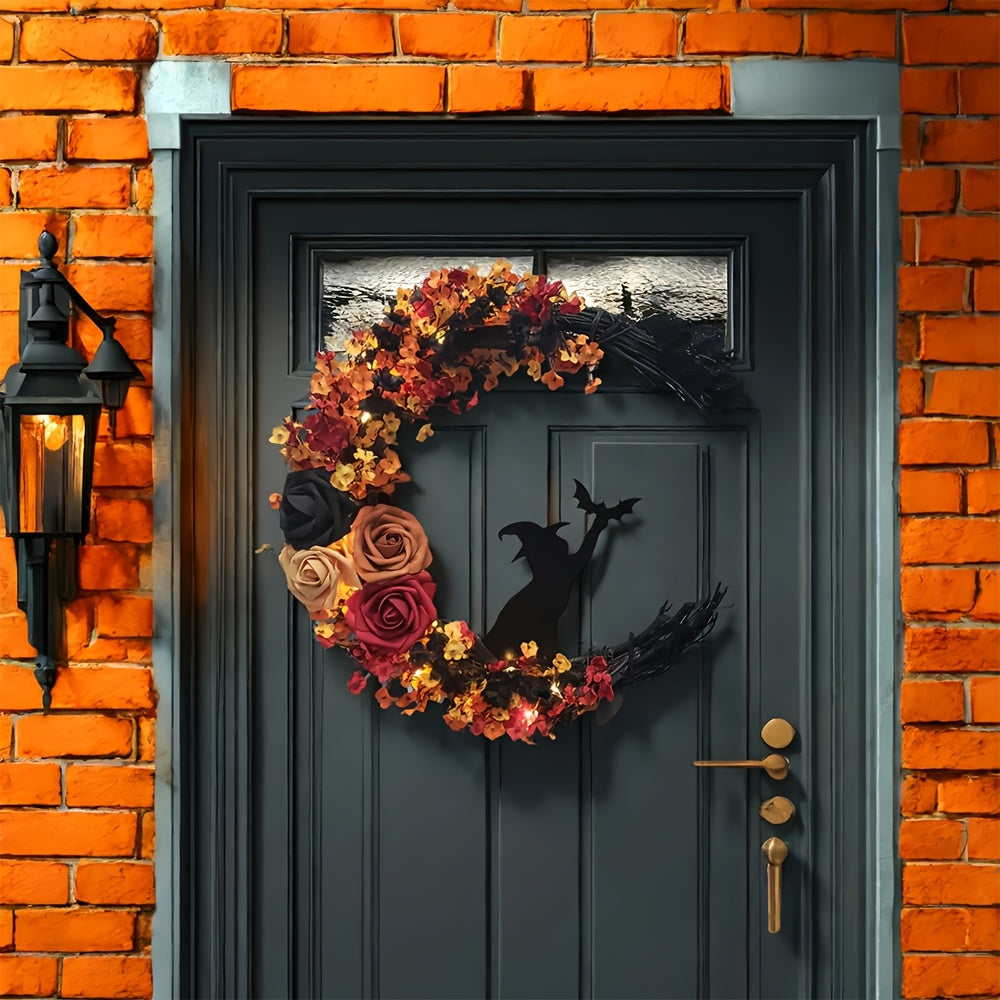 Gothic Halloween Door Wreath with Witch Cat Moon and Autumn Leaves