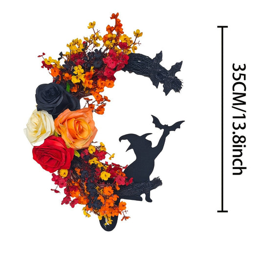 Gothic Halloween Door Wreath with Witch Cat Moon and Autumn Leaves