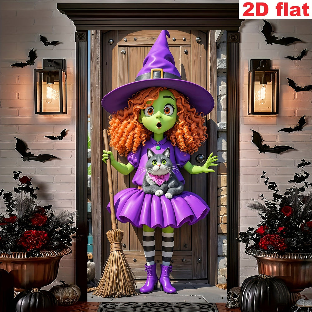 Halloween Door Banner with Witch & Cat Design, Indoor/Outdoor Decor