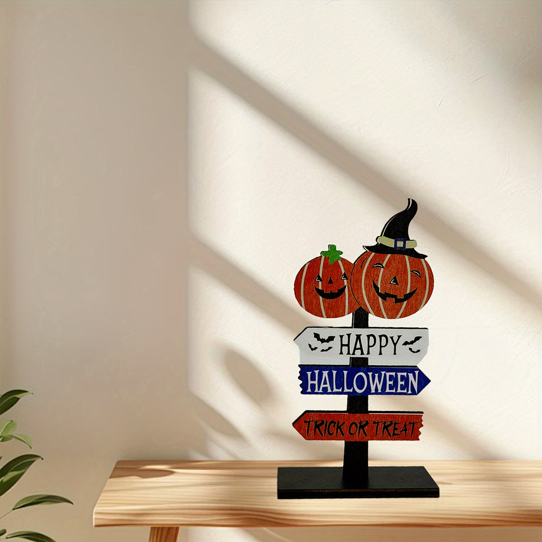 Halloween Wooden Table Centerpiece with Pumpkin and Skeleton Design