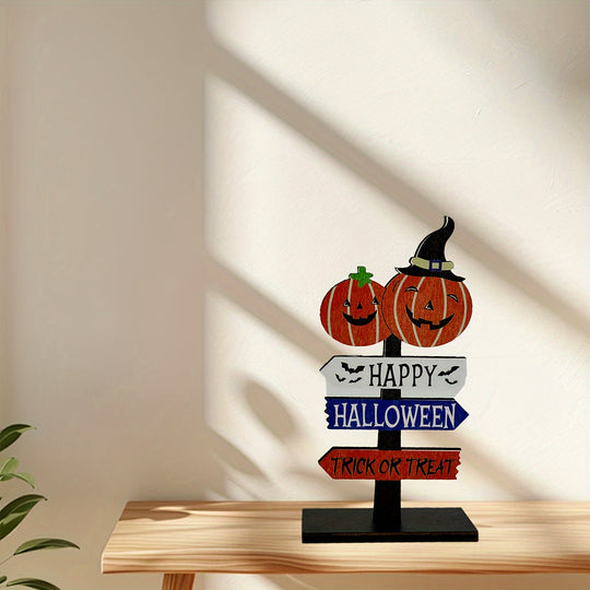 Halloween Wooden Table Centerpiece with Pumpkin and Skeleton Design
