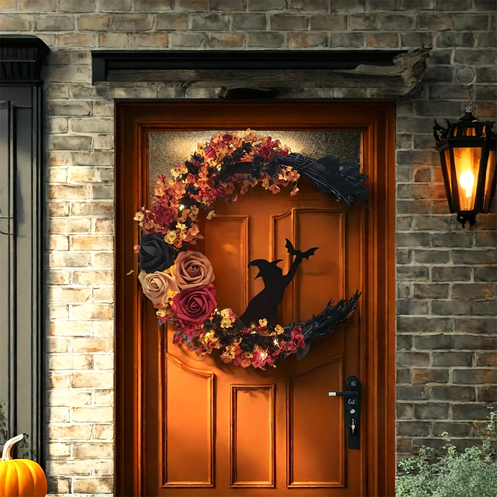 Gothic Halloween Door Wreath with Witch Cat Moon and Autumn Leaves