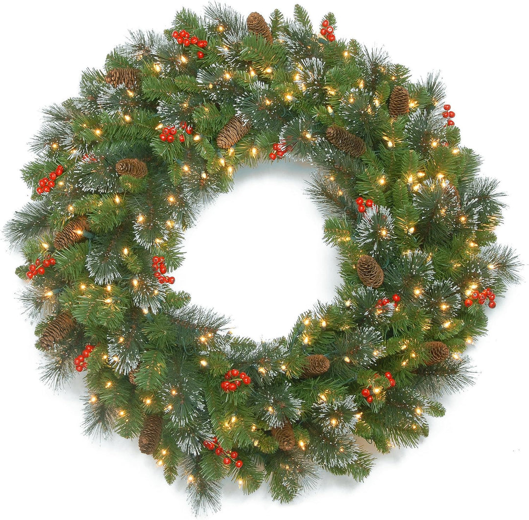 24 in Pre-Lit Crestwood Spruce Artificial Christmas Wreath, Christmas Decoration with Glitter, Pinecones, Red Berries, 50 Clear LED Lights, 160 Tips, Timer, Green