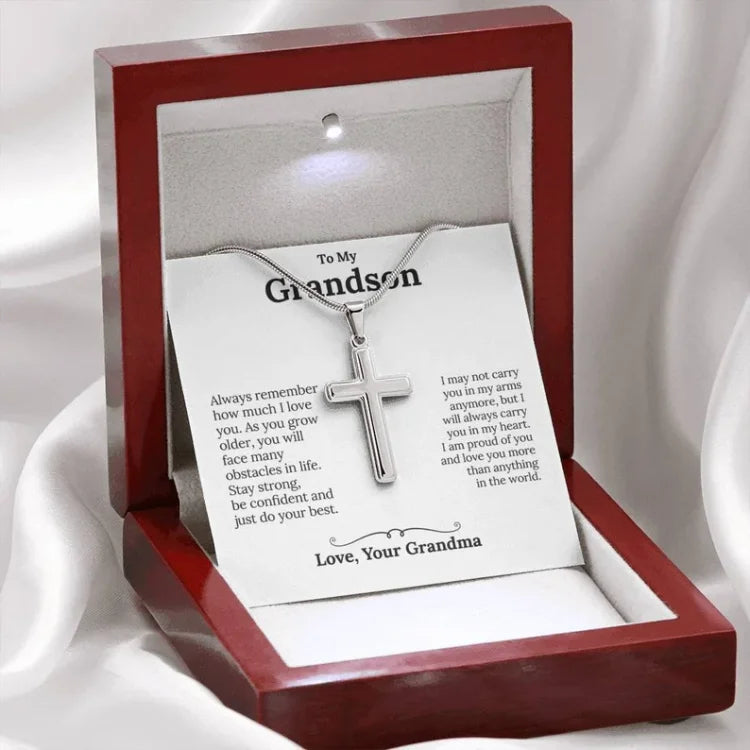 To My Grandson - S925 Cross Necklace "I'm proud of you" for Grandson