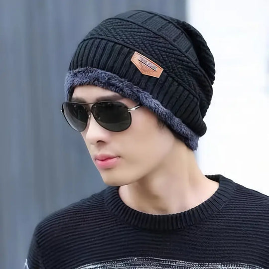 Men'S Thickened Fleece-Lined Knit Beanie - Warm, Stretchy, Windproof Winter Hat with Ear Protection for Outdoor Cycling and Casual Wear, Beanie Hats