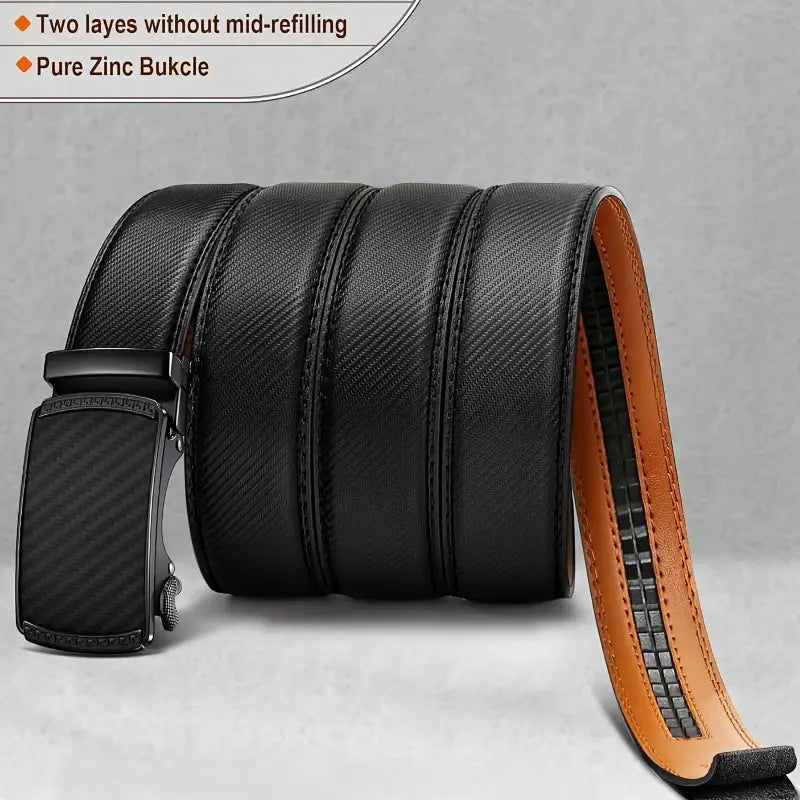 Men' S Second Layer Cowhide, Slide Ratchet Belt - Automatic Buckle, & Brown Two-Tone Design