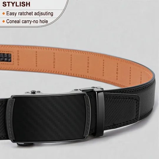 Men' S Second Layer Cowhide, Slide Ratchet Belt - Automatic Buckle, & Brown Two-Tone Design