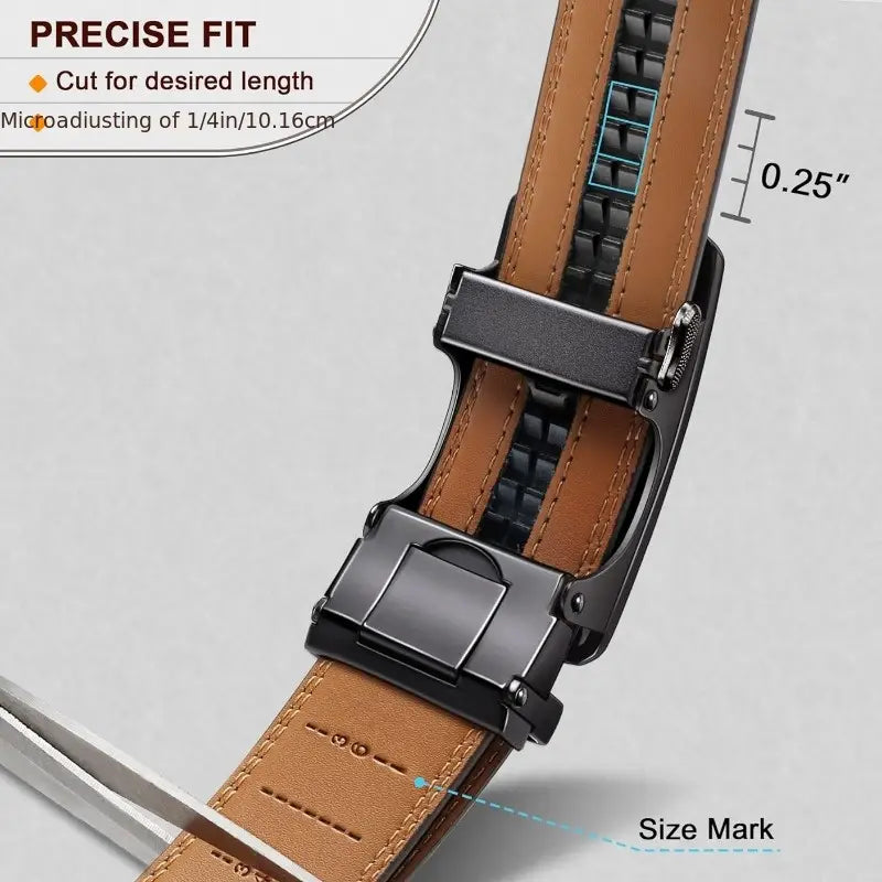 Men' S Second Layer Cowhide, Slide Ratchet Belt - Automatic Buckle, & Brown Two-Tone Design