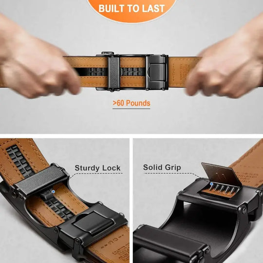 Men' S Second Layer Cowhide, Slide Ratchet Belt - Automatic Buckle, & Brown Two-Tone Design