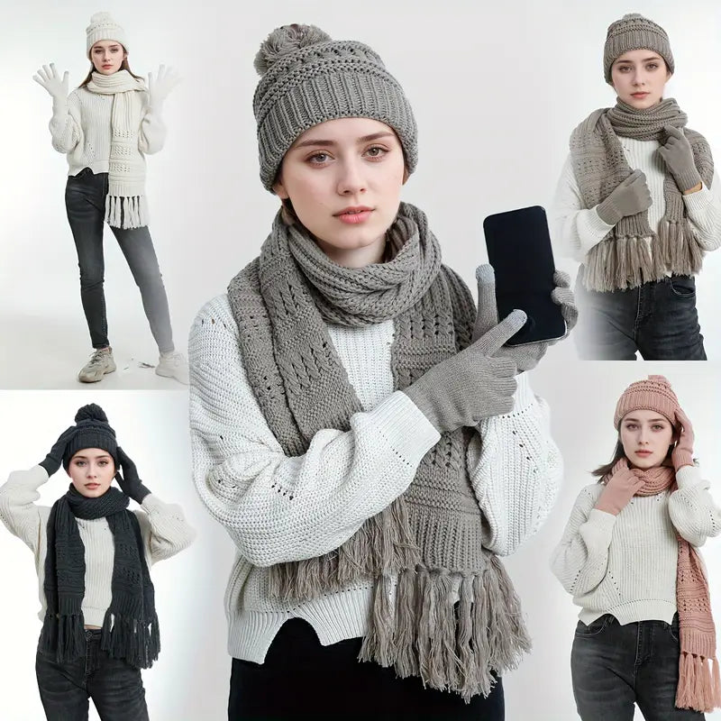 Set of 3 Hat Scarf Gloves Unisex Winter Warm Hat Beanie Long Scarf Touch Screen Gloves Set Acrylic Fleece Lined Skull Caps Neck Scarves Gifts for Winter Christmas