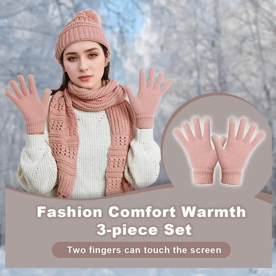 Set of 3 Hat Scarf Gloves Unisex Winter Warm Hat Beanie Long Scarf Touch Screen Gloves Set Acrylic Fleece Lined Skull Caps Neck Scarves Gifts for Winter Christmas