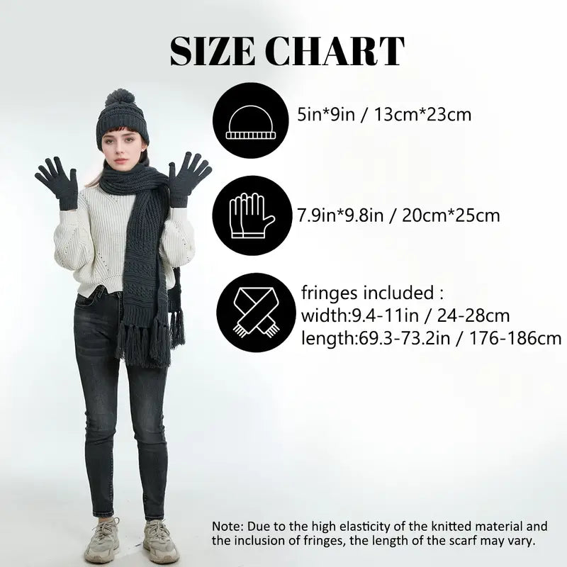 Set of 3 Hat Scarf Gloves Unisex Winter Warm Hat Beanie Long Scarf Touch Screen Gloves Set Acrylic Fleece Lined Skull Caps Neck Scarves Gifts for Winter Christmas