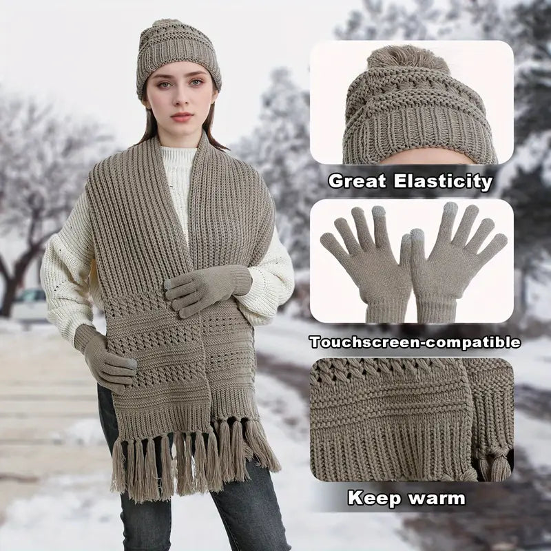Set of 3 Hat Scarf Gloves Unisex Winter Warm Hat Beanie Long Scarf Touch Screen Gloves Set Acrylic Fleece Lined Skull Caps Neck Scarves Gifts for Winter Christmas