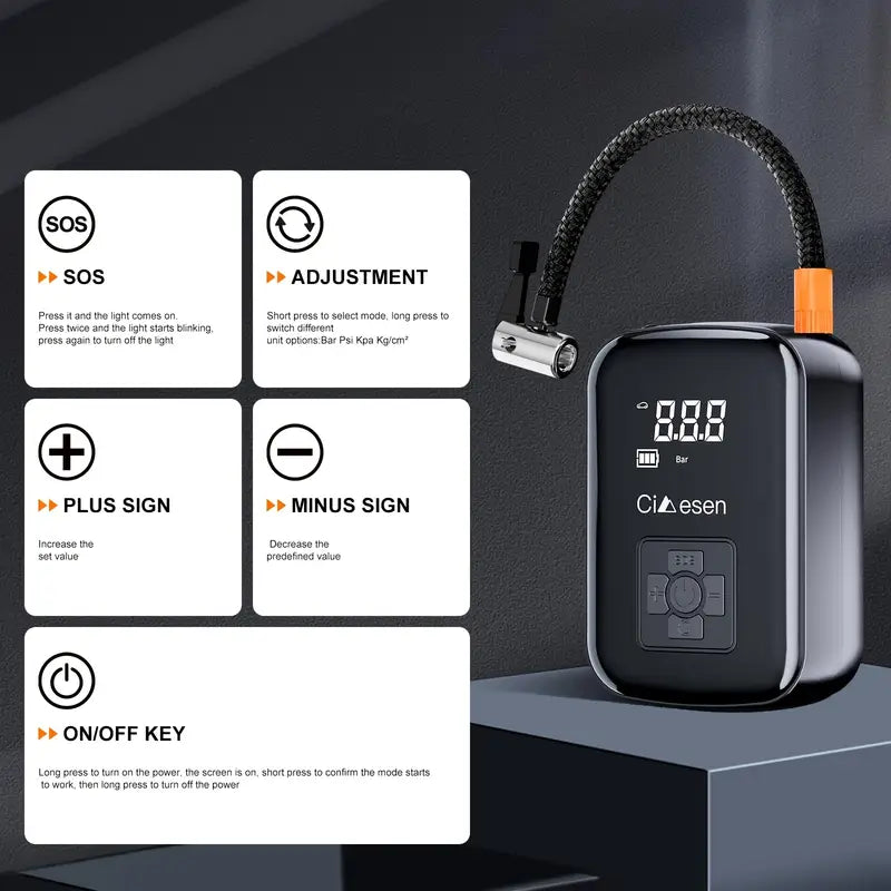 Portable Tire Inflator with Digital Display - Fast Cordless Air Compressor