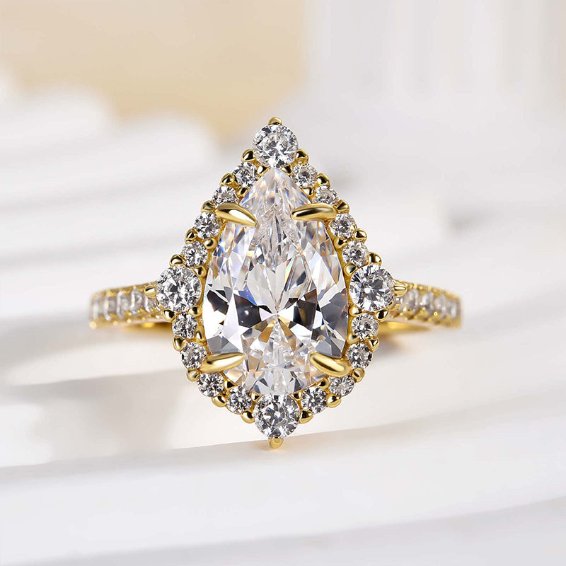 Stunning Yellow Gold Halo Pear Cut Elegant Engagement Ring In Sterling Silver
