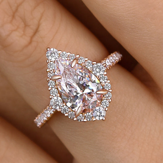 Stunning Yellow Gold Halo Pear Cut Elegant Engagement Ring In Sterling Silver