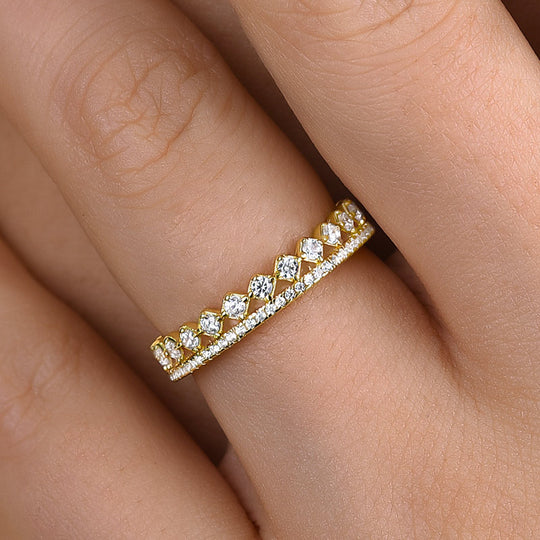 Exquisite Yellow Gold Two Rows Round Cut Wedding Band In Sterling Silver