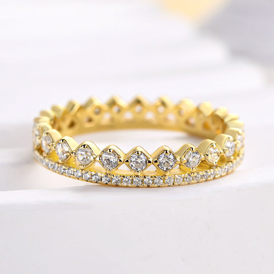 Exquisite Yellow Gold Two Rows Round Cut Wedding Band In Sterling Silver