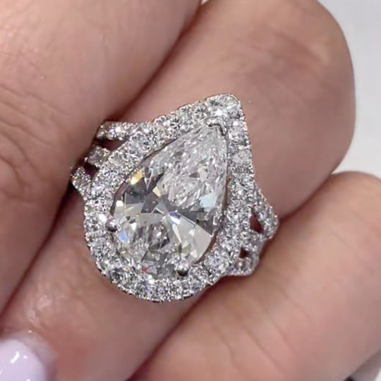 Maxine Vintage Split Shank Halo 4.5Ct Pear Cut Engagement Ring In Sterling Silver