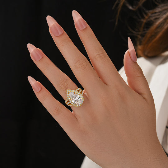 Maxine Vintage Split Shank Halo 4.5Ct Pear Cut Engagement Ring In Sterling Silver