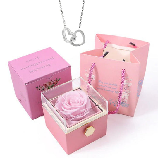 Rotating Rose Box-Custom Interlock Heart Necklace