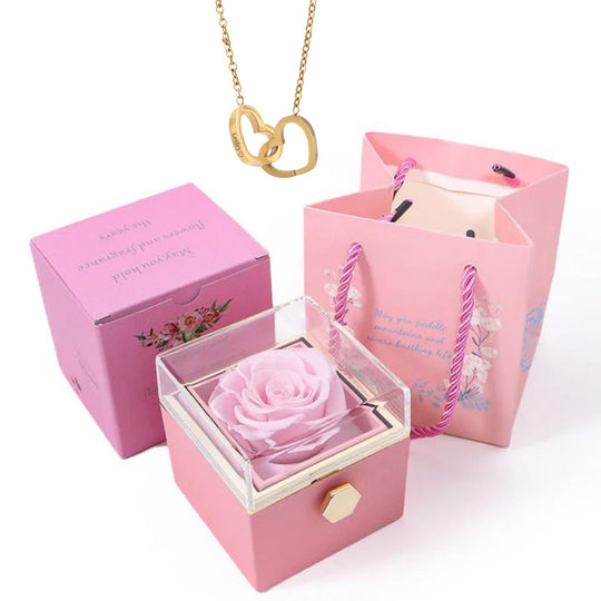 Rotating Rose Box-Custom Interlock Heart Necklace