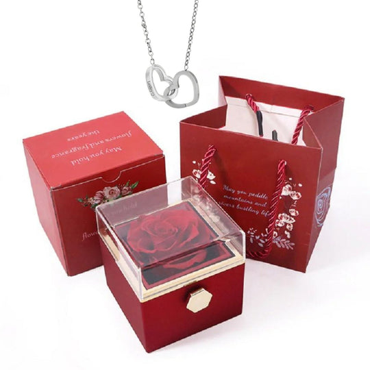 Rotating Rose Box-Custom Interlock Heart Necklace