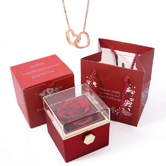 Rotating Rose Box-Custom Interlock Heart Necklace