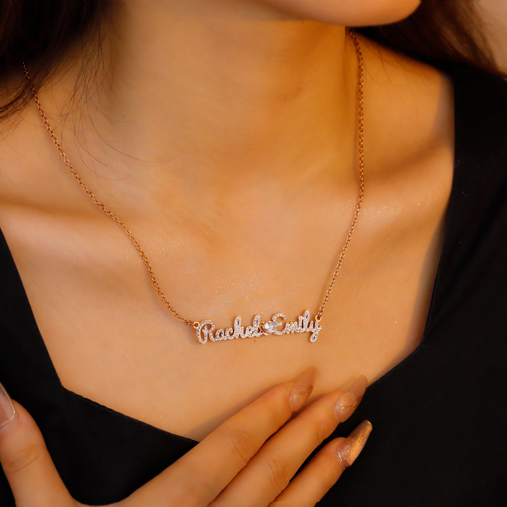 Custom Diamond Couple Name Necklace with Diamond heart