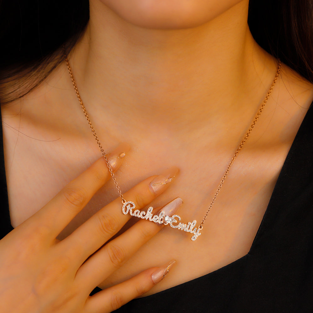 Custom Diamond Couple Name Necklace with Diamond heart