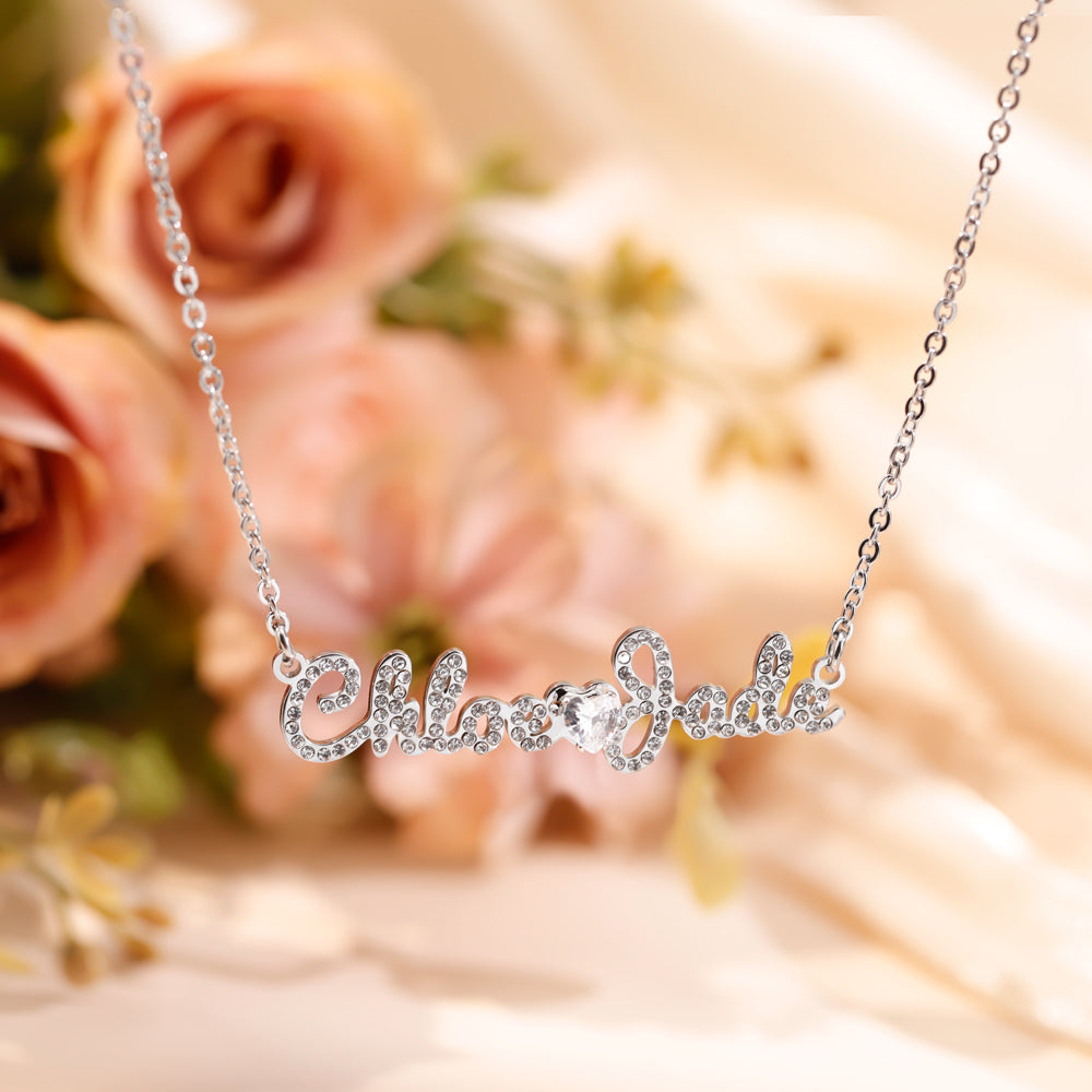 Custom Diamond Couple Name Necklace with Diamond heart