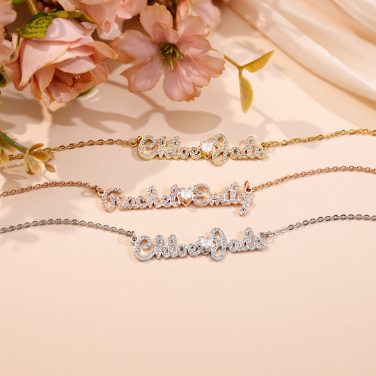 Custom Diamond Couple Name Necklace with Diamond heart